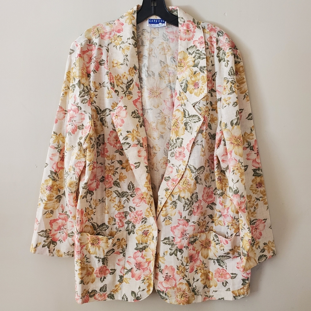 Vintage Floral Linen Blend Oversized Blazer Yellow Beige Size Vintage 18 Petite